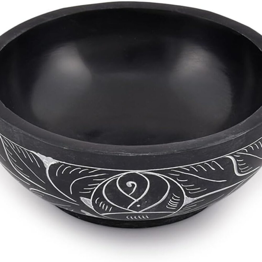 Hand Carved Natural Stone Smudge Bowl, White Leaf Design | Size 5' x 2' Black Ri